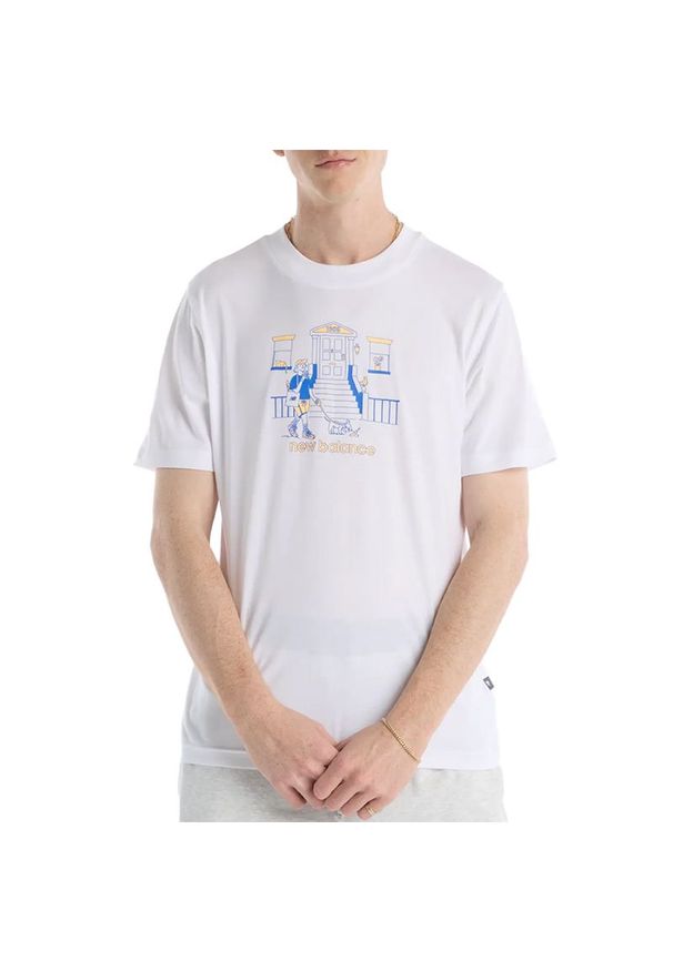 Koszulka męska New Balance MT61Y0XJWT - biała. Kolor: biały. Materiał: bawełna. Długość rękawa: krótki rękaw. Długość: krótkie. Wzór: aplikacja