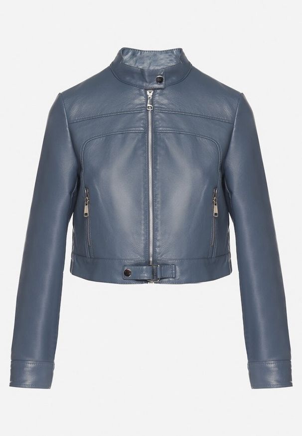 Born2be - Granatowa Kurtka Ramoneska w Motocyklowym Stylu z Klamerką Terlia. Okazja: na co dzień. Kolor: niebieski. Materiał: poliester, jeans. Styl: casual, klasyczny