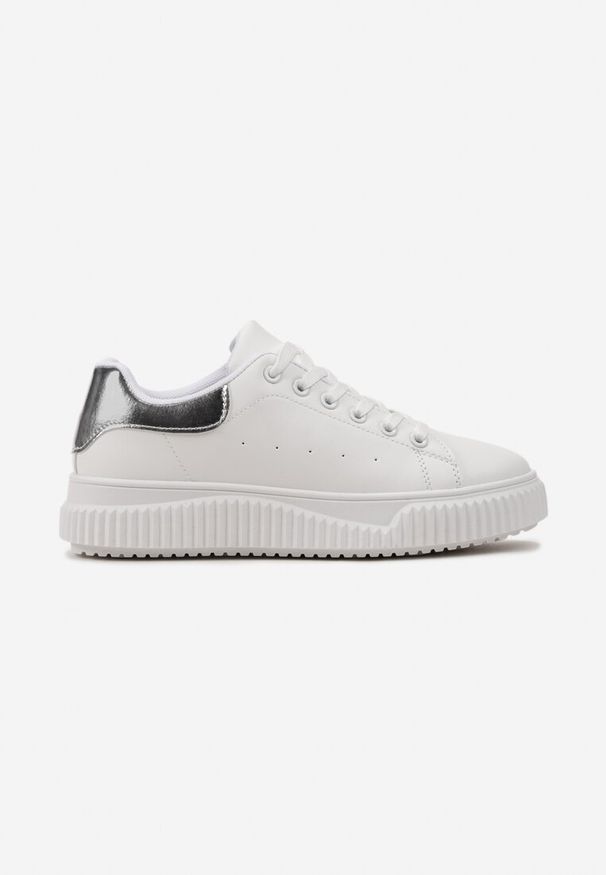 Born2be - Biało-Srebrne Sneakersy ze Żłobieniami na Płaskiej Podeszwie z Metaliczną Wstawką Granuse. Kolor: biały, srebrny. Materiał: jeans. Obcas: na płaskiej podeszwie