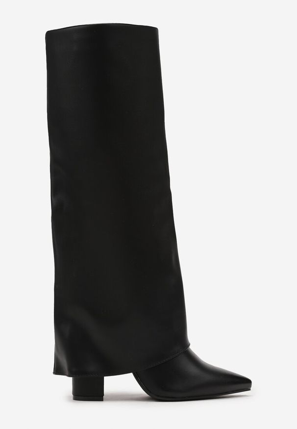 Born2be - Czarne Kozaki na Obcasie z Wywiniętą Cholewką Hesla. Okazja: na co dzień. Kolor: czarny. Materiał: jeans, wełna. Szerokość cholewki: normalna. Sezon: zima, jesień. Obcas: na obcasie. Styl: elegancki, casual. Wysokość obcasa: średni