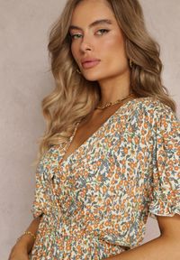 Renee - Żółto-Zielona Sukienka Mini z Gumką w Pasie i Kopertowym Dekoltem z Wiskozy Littlestar. Okazja: na co dzień. Typ kołnierza: dekolt kopertowy. Kolor: żółty. Materiał: wiskoza. Wzór: kwiaty. Typ sukienki: kopertowe. Styl: casual. Długość: mini #5