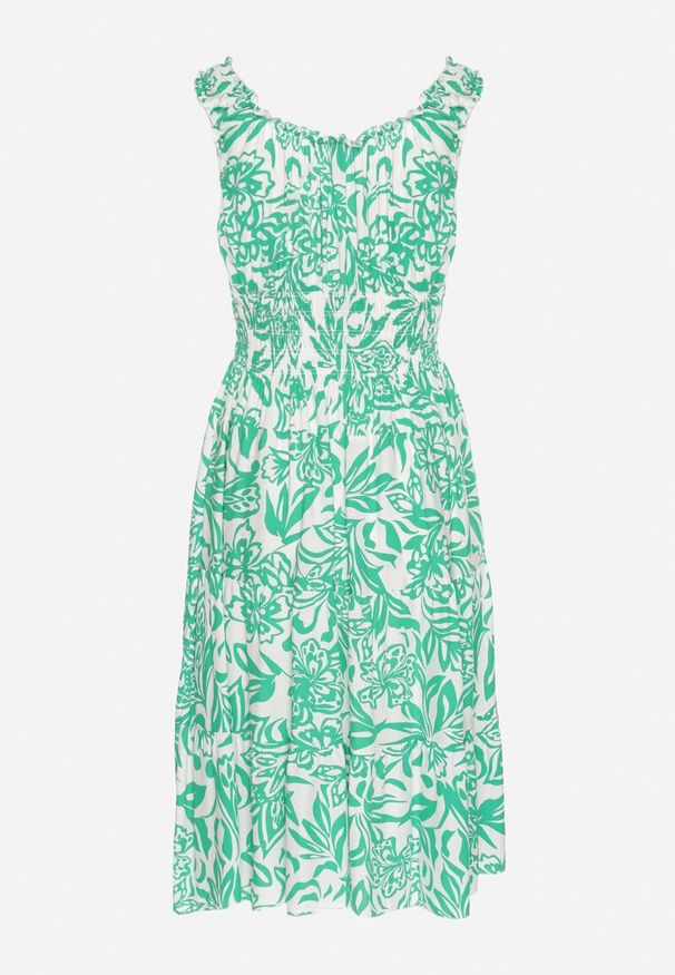 Born2be - Zielona Bawełniana Sukienka Rozkloszowana Ozdobiona Guzikami Lisavena. Okazja: na co dzień. Kolor: zielony. Materiał: bawełna. Wzór: aplikacja. Typ sukienki: rozkloszowane. Styl: elegancki, casual