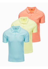 Ombre Clothing - Zestaw koszulek męskich polo z dzianiny pique 3-pak - mix V14. Okazja: na co dzień. Typ kołnierza: polo. Kolor: pomarańczowy. Materiał: dzianina. Wzór: haft, aplikacja. Sezon: wiosna, lato. Styl: klasyczny, sportowy, wizytowy, casual