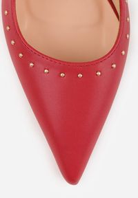Renee - Czerwone Sandały Slingback na Szpilce z Aplikacją z Nitami Sewluna. Kolor: czerwony. Materiał: koronka. Wzór: aplikacja. Obcas: na szpilce. Styl: elegancki. Wysokość obcasa: średni #3