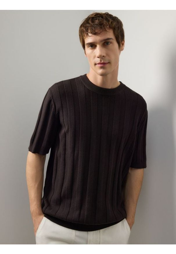 Reserved - Sweter z krótkim rękawem - ciemnobrązowy. Kolor: brązowy. Materiał: dzianina, bawełna. Długość rękawa: krótki rękaw. Długość: krótkie