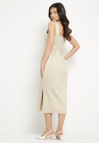 Born2be - Beżowa Dopasowana Sukienka z Wiskozą z Rozcięciami i Paskiem z Klamrą Mepelle. Okazja: na co dzień. Typ kołnierza: dekolt kwadratowy. Kolor: beżowy. Materiał: wiskoza. Typ sukienki: dopasowane. Styl: klasyczny, casual, elegancki #6