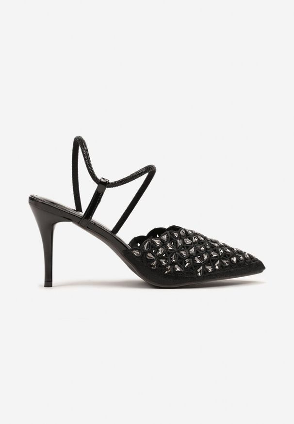Renee - Czarne Sandały na Szpilce Slingback z Cyrkoniami Dimte. Okazja: na co dzień. Kolor: czarny. Wzór: aplikacja. Obcas: na szpilce. Styl: wizytowy, casual, elegancki. Wysokość obcasa: wysoki