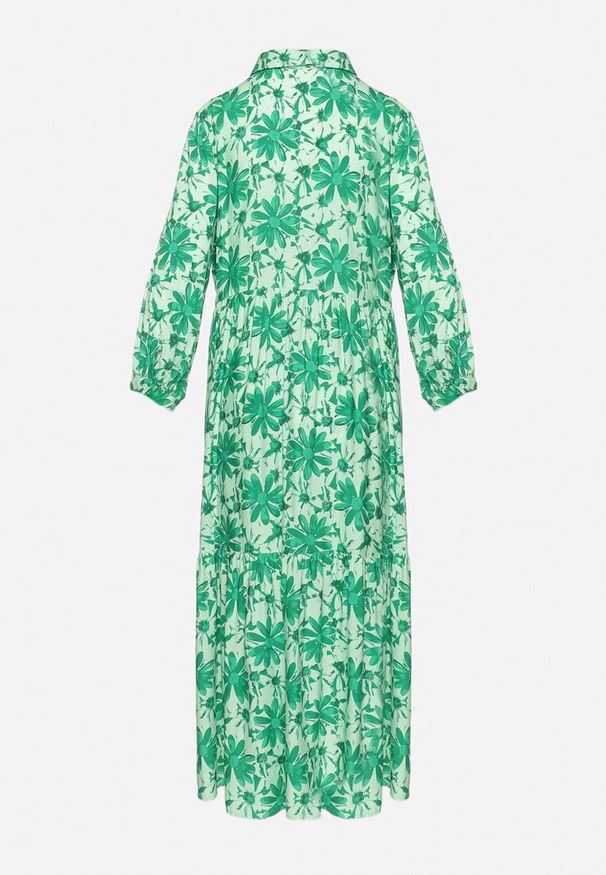 Born2be - Zielona Sukienka Maxi w Kwiatowy Wzór z Koszulową Górą Lithaia. Kolor: zielony. Długość rękawa: długi rękaw. Wzór: kwiaty. Sezon: wiosna, lato. Typ sukienki: koszulowe. Długość: maxi