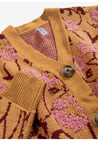 bonprix - Sweter rozpinany z dzianiny o splocie dużych oczek, w kwiaty. Typ kołnierza: dekolt w serek. Kolor: brązowy. Materiał: dzianina. Wzór: kwiaty, ze splotem