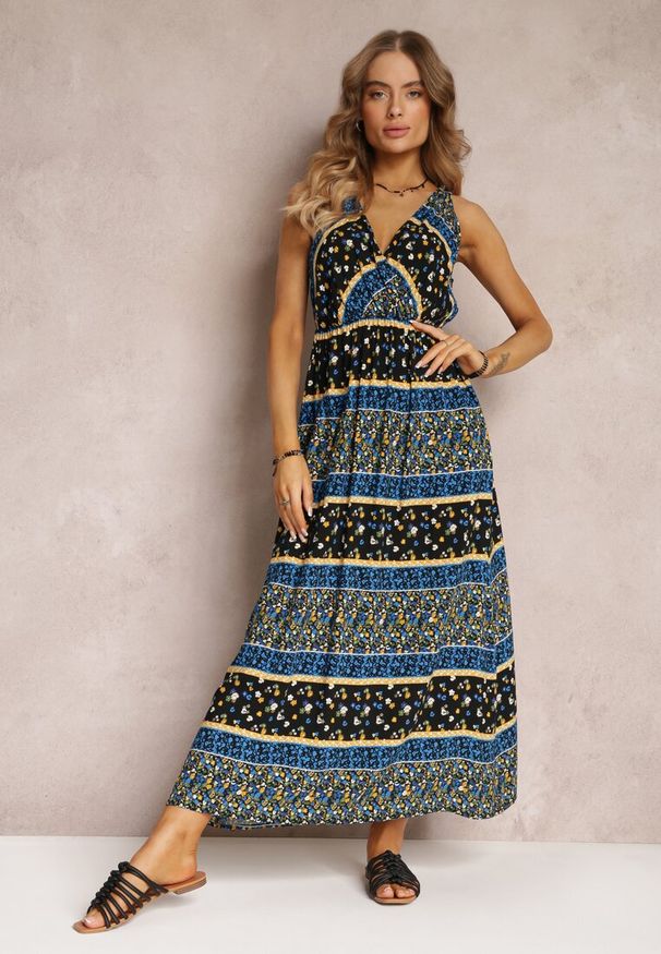 Renee - Czarno-Granatowa Sukienka z Wiskozy Maxi w Fantazyjny Print Cannida. Kolor: czarny. Materiał: wiskoza. Wzór: nadruk. Sezon: lato. Długość: maxi