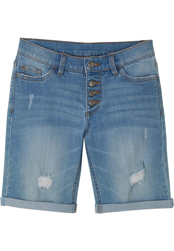 bonprix - Szorty dżinsowe ze stretchem. Kolor: niebieski. Styl: klasyczny