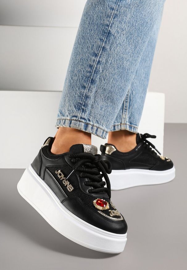 Renee - Czarne Sneakersy na Grubej Podeszwie z Cyrkoniami i Brokatem Falissa. Okazja: na co dzień. Kolor: czarny. Wzór: aplikacja