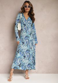 Renee - Niebieska Sukienka Maxi z Wiązana w Pasie Rosali. Kolor: niebieski. Materiał: materiał, tkanina, wiskoza. Długość rękawa: długi rękaw. Typ sukienki: kopertowe. Długość: maxi