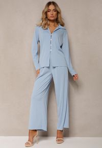 Renee - Niebieski Komplet Casualowy Szerokie Spodnie z Gumką w Pasie i Koszula Sansia. Kolor: niebieski #2