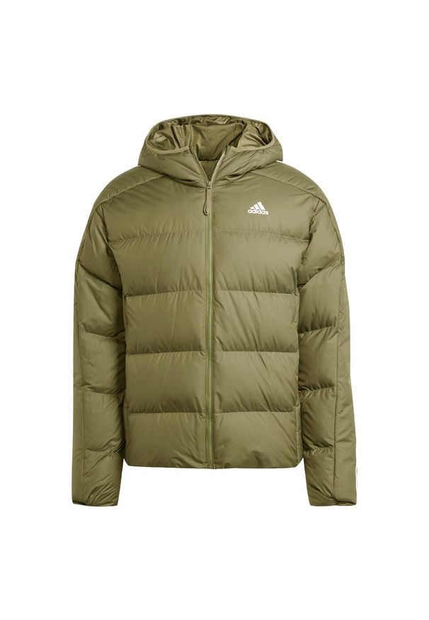 Adidas - Kurtka Essentials Midweight Down Hooded. Kolor: zielony. Materiał: materiał. Sport: turystyka piesza