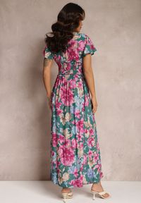 Renee - Zielona Sukienka z Szeroką Gumką w Talii w Kwiaty Shathi. Typ kołnierza: dekolt kopertowy. Kolor: zielony. Materiał: wiskoza. Wzór: kwiaty. Typ sukienki: kopertowe. Długość: maxi #4