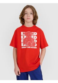 4f - 4F T-shirt oversize z nadrukiem chłopięcy - czerwony 140 (9-10 lat). Okazja: na co dzień. Kolor: czerwony. Materiał: dzianina, bawełna, jersey. Długość rękawa: krótki rękaw. Długość: krótkie. Wzór: nadruk. Sezon: lato. Styl: klasyczny, sportowy, casual