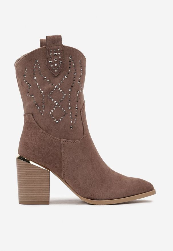 Renee - Ciemnobeżowe Botki na Słupku w Stylu Kowbojek Irilianne. Okazja: na co dzień. Kolor: beżowy. Materiał: koronka, jeans. Obcas: na słupku. Styl: wizytowy, casual. Wysokość obcasa: średni