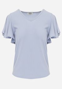 Renee - Jasnoniebieska Bluzka Ozdobiona Rozkloszowanymi Rękawami Sunetha. Okazja: na co dzień. Typ kołnierza: dekolt w kształcie V. Kolor: niebieski. Materiał: jeans. Wzór: aplikacja. Styl: elegancki, casual #4