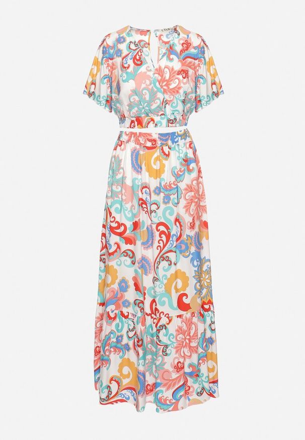 Born2be - Biało-Niebieski Komplet Krótka Bluzka z Kopertowym Dekoltem Spódnica z Gumką w Pasie Binesta. Kolor: biały. Materiał: jeans, materiał