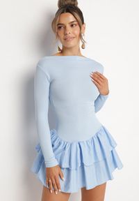 Born2be - Niebieska Rozkloszowana Sukienka z Długim Rękawem i Falbanką Reonaria. Okazja: na co dzień. Kolor: niebieski. Długość rękawa: długi rękaw. Styl: casual, elegancki #1