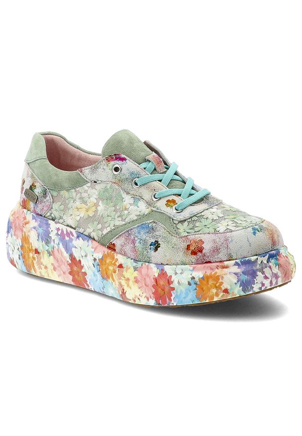 Sneakersy damskie Laura Vita, perforowana cholewka oraz podwyższona podeszwa z ozdobnym wzorem na boku, kolorowe, 64 SL26803B-64. Okazja: na spacer, na co dzień. Zapięcie: sznurówki. Szerokość cholewki: normalna. Wzór: kolorowy. Sezon: wiosna, lato. Styl: casual