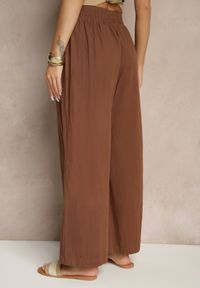 Renee - Brązowe Spodnie High Waist Szerokie z Bawełny Wiązane w Pasie z Gumką w Talii Yaslio. Okazja: na co dzień. Stan: podwyższony. Kolor: brązowy. Materiał: bawełna. Styl: casual, elegancki #3