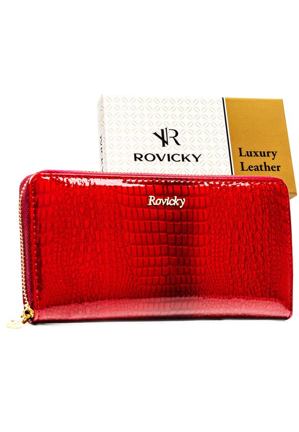 ROVICKY - Lakierowany portfel w typie piórnika ze skóry naturalnej w czerwonym kolorze zamykany na suwak RH-25-1-RS Rovicky. Kolor: czerwony. Materiał: skóra, lakier