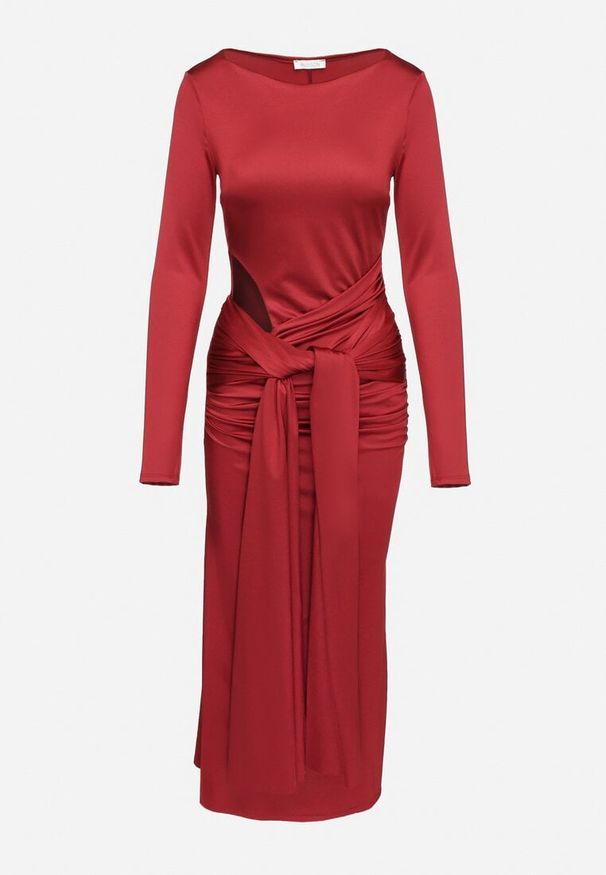 Born2be - Bordowa Sukienka Koktajlowa Ozdobiona Wiązaniem i Wycięciem Vamizola. Okazja: na co dzień. Kolor: czerwony. Wzór: aplikacja. Typ sukienki: proste. Styl: wizytowy