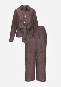 Renee - Brązowy Komplet z Wiskozą Bawełną i Lnem Wiązana Koszula i Szerokie Spodnie Ravisela. Kolor: brązowy. Materiał: wiskoza, bawełna, len #7