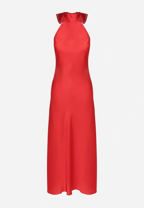 Born2be - Czerwona Satynowa Sukienka Koktajlowa z Dekoltem Halter Annela. Okazja: na co dzień, na imprezę. Typ kołnierza: dekolt halter. Kolor: czerwony. Materiał: satyna. Długość rękawa: bez rękawów. Sezon: lato. Styl: wizytowy
