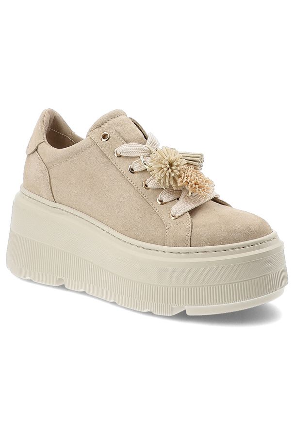 CheBello - Sneakersy damskie Chebello, ze skóry naturalnej na wysokiej platformie z klasycznym sznurowaniem i dekoracyjnymi chwostami, beżowe, 5002_-194-000-PSK. Okazja: na co dzień. Kolor: beżowy. Materiał: skóra. Szerokość cholewki: normalna. Obcas: na platformie. Styl: klasyczny