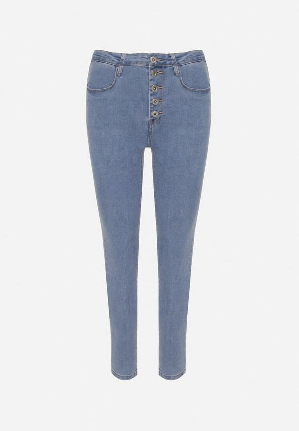 Born2be - Niebieskie Dopasowane Jeansy z Bawełny Ozdobione Guzikami Hinne. Okazja: na co dzień. Stan: podwyższony. Kolor: niebieski. Wzór: aplikacja. Styl: casual