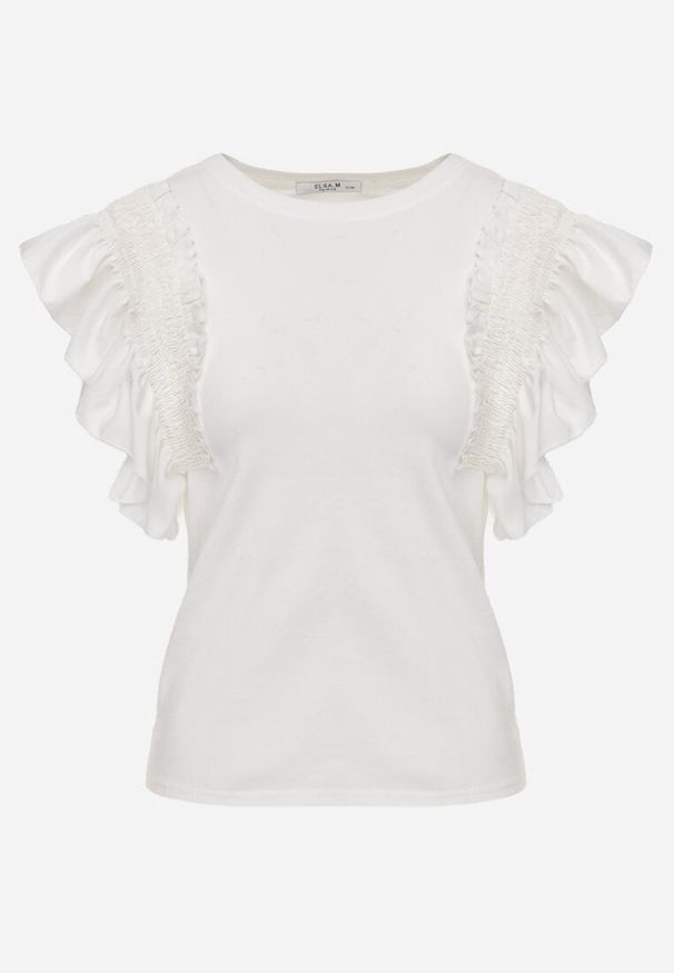 Renee - Biała Bluzka Dislie. Kolor: biały. Materiał: dzianina, bawełna, jeans. Wzór: kwiaty, gładki. Sezon: lato. Styl: elegancki