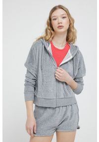 Superdry bluza damska kolor szary z kapturem gładka. Typ kołnierza: kaptur. Kolor: szary. Materiał: włókno, dzianina, materiał. Wzór: gładki #1