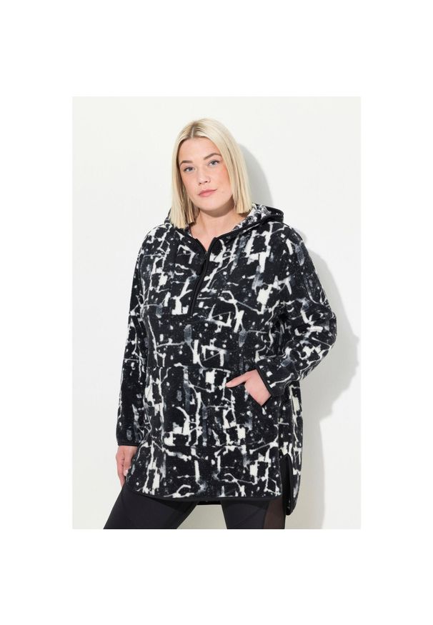 ULLA POPKEN - Damskie Długi sweter pluszowy polar kaptur długi rękaw. Kolekcja: plus size. Kolor: czarny. Materiał: poliester, materiał. Długość rękawa: długi rękaw. Długość: długie