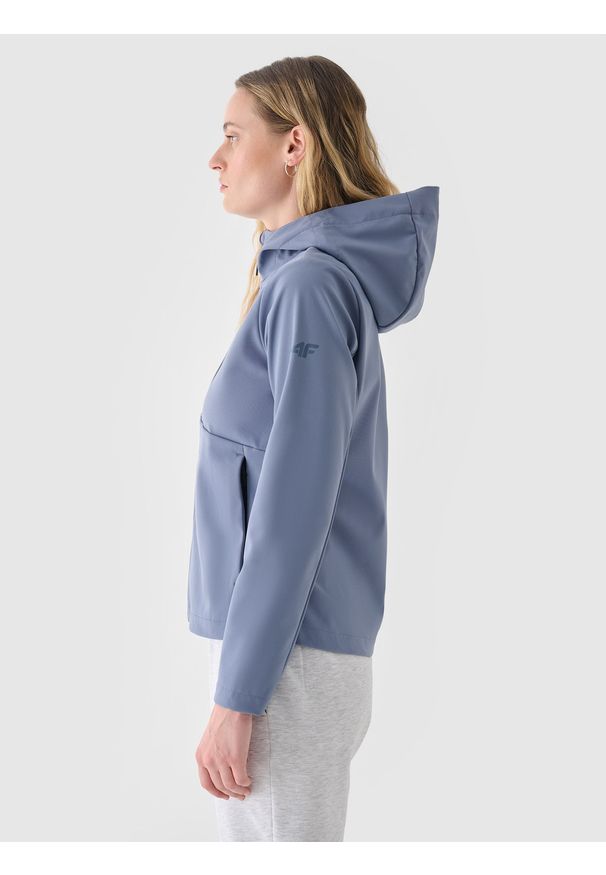 4f - 4F Kurtka softshell wiatroodporna membrana 5000 damska - granatowa M. Typ kołnierza: kołnierzyk stójkowy, kaptur. Kolor: niebieski. Materiał: softshell. Technologia: Windstopper. Sezon: zima. Sport: wspinaczka