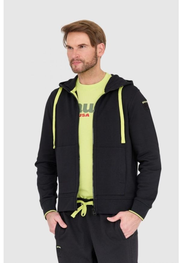 Blauer USA - BLAUER Czarna męska rozpinana bluza z kapturem, Rozmiar M. Typ kołnierza: kaptur. Kolor: czarny