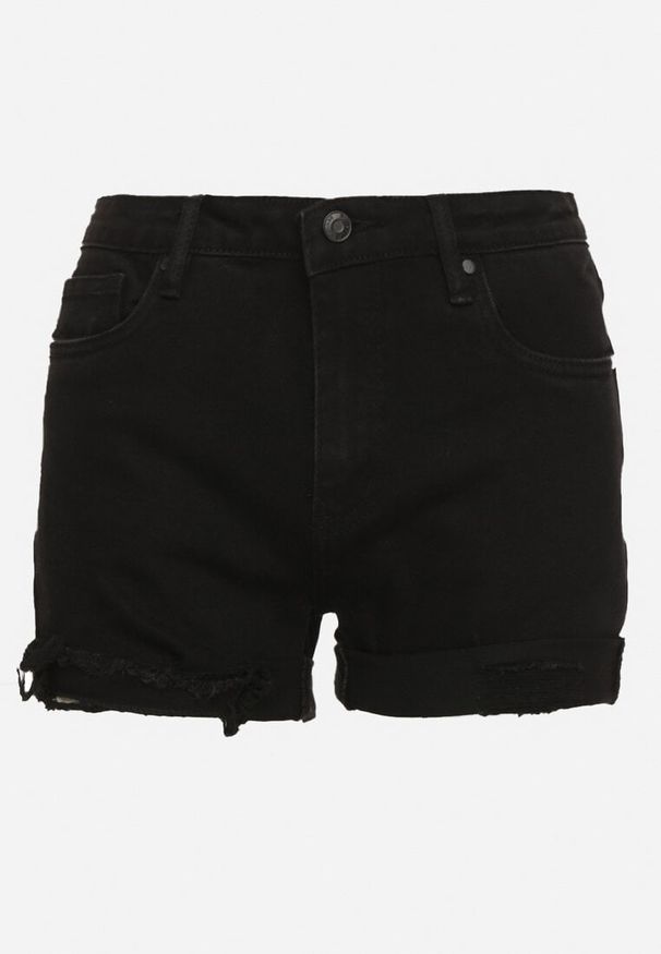 Born2be - Czarne Jeansowe Szorty z Bawełną i Wysokim Stanem Ozdobione Przetarciami Vimaselle. Okazja: na co dzień. Stan: podwyższony. Kolor: czarny. Materiał: jeans, bawełna. Wzór: aplikacja. Sezon: lato. Styl: wizytowy, elegancki, casual