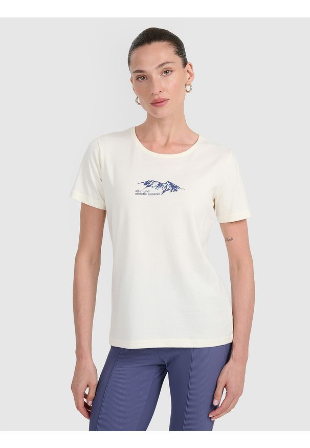 4f - 4F T-shirt regular z nadrukiem damski - biały M. Okazja: na co dzień. Kolor: biały. Materiał: materiał, bawełna. Wzór: nadruk. Styl: casual