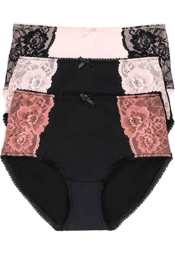 bonprix - Figi maxi z mikrofibry z koronką (3 pary). Kolor: czarny. Materiał: mikrofibra, koronka. Wzór: koronka