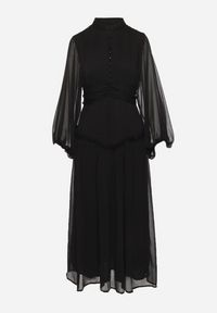 Born2be - Czarna Długa Sukienka Koktajlowa w Stylu Retro z Plisami i Stójką Leowia. Typ kołnierza: kołnierzyk stójkowy. Kolor: czarny. Styl: wizytowy, retro. Długość: maxi #5