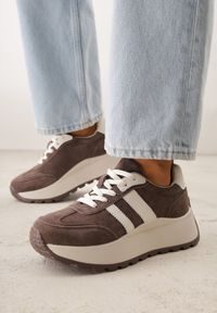 Born2be - Brązowe Skórzane Sneakersy na Grubej Podeszwie Cezelina. Okazja: na co dzień. Kolor: brązowy. Materiał: skóra #5