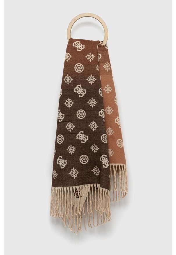 Guess szal damski kolor brązowy wzorzysty. Kolor: brązowy. Materiał: tkanina