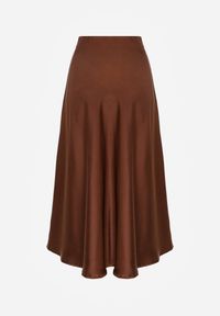 Renee - Brązowa Satynowa Midi Spódnica Rozkloszowana z Gumką w Pasie i Suwakiem Leose. Kolor: brązowy. Materiał: satyna #2