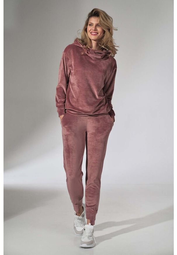 Figl - Dresowe Spodnie z Weluru - Różowe. Kolor: różowy. Materiał: welur, dresówka
