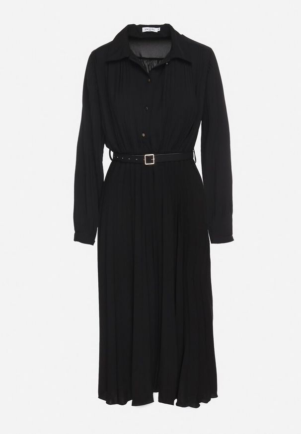 Born2be - Czarna Sukienka Plisowana o Koszulowym Kroju z Paskiem z Klamrą Efronta. Okazja: na co dzień. Typ kołnierza: kołnierzyk klasyczny. Kolor: czarny. Materiał: jeans. Długość rękawa: długi rękaw. Wzór: aplikacja. Typ sukienki: koszulowe. Styl: casual, elegancki, klasyczny