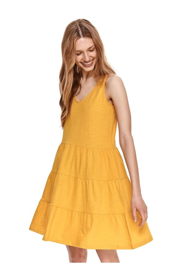 DRYWASH - Krótka sukienka na ramiączkach z falbaną. Kolor: żółty. Materiał: tkanina, bawełna. Długość rękawa: na ramiączkach. Sezon: lato. Styl: wakacyjny. Długość: mini
