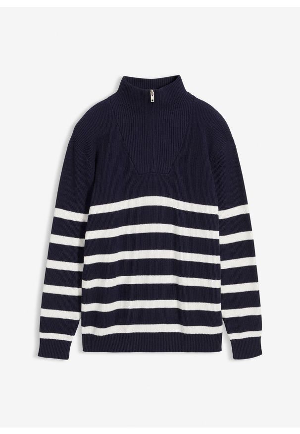 bonprix - Sweter ze stójką z czystej bawełny. Typ kołnierza: kołnierzyk stójkowy. Kolor: niebieski. Materiał: bawełna. Wzór: paski