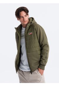 Ombre Clothing - Pikowana męska kurtka z kapturem i dzianinowymi rękawami – oliwkowa V4 - Rozmiar: M. Typ kołnierza: kaptur. Kolor: oliwkowy. Materiał: dzianina. Wzór: gładki. Styl: sportowy, elegancki